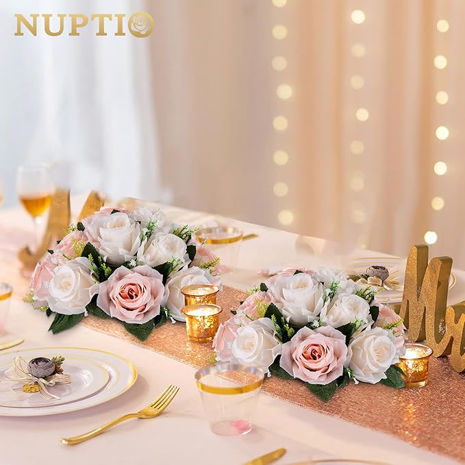 NUPTIO Flower Balls for Wedding Centrepieces - 6 Pcs 9.5in Diameter Artificial Flower Ball Arrangement Bouquet Peachy Pink & Creamy White Fake Rose Flowers Party Centerpieces for Weddings Tables