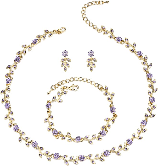 BriLove Wedding Jewelry Set for Women Bride, Gorgeous Stunning Crystal Flower Leaf Cluster Choker Necklace Link Bracelet Stud Earrings Bridal Bridesmaid