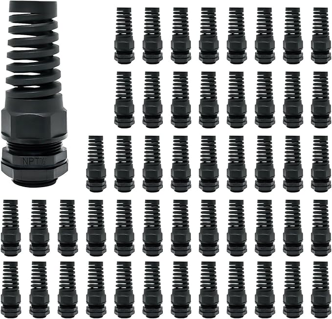 LeMotech 50Pcs NPT 1/2" IP68 Waterproof Cable Gland Flex Spiral Strain Relief Black Nylon Joint with Gaskets for 6-12mm Wire Thread