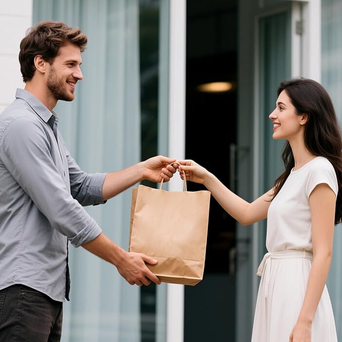 METAPRINT Brown Paper Gift Bags with Handles in Bulk, 50pcs Kraft Paper Bags 8x4.5x10.8 inch, Recyclable Shopping Bags for Retail, Grocery, Party Favors, Wedding