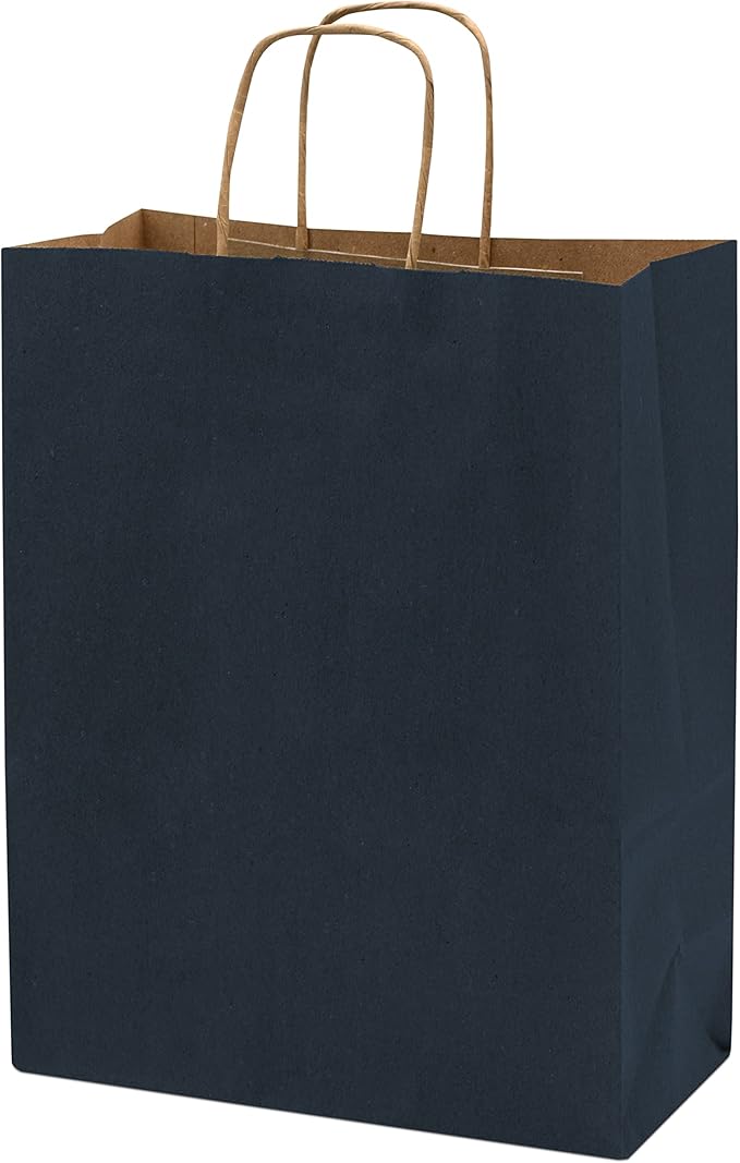 Prime Line Packaging Paper Gift Bags, Navy Blue Gift Bags with Handles, Medium Shopping Bags for Small Business, Retail, Boutiques, Graduation, Bulk, 10x5x13, 50 Pack