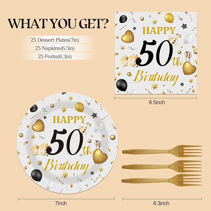 75PCS 50th Happy Birthday Plates and Napkins Party Decorations, 7 Inch Premium Grey and Gold Birthday Paper Dessert Cake Plates and Napkins Disposable Tableware Set Party Favors for Women Men
