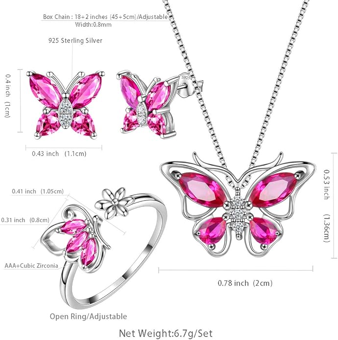 Aurora Tears Butterfly Jewelry,Women 925 Sterling Silver Butterflies Birthstone Pendant Necklace/Earrings/Rings Wedding Gift