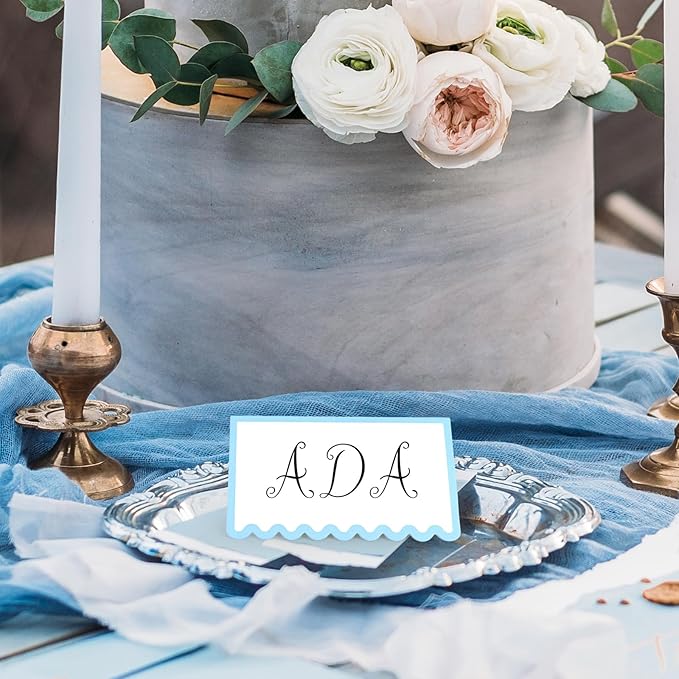 150 PCS Dusty Blue Scalloped Place Cards 2 x 3.5 Inch Blank Tented Place Card Name Cardstock Seat Assignment Label Card Reserved Table Signs Seating Signs for Birthday Wedding Party