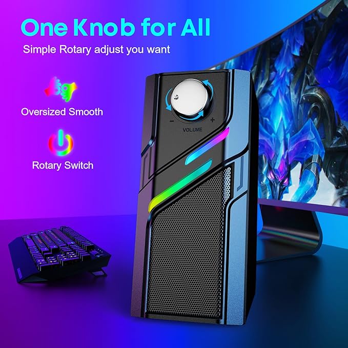 LENRUE Computer Speakers for Desktop PC with Easy Knob, Clear Powerful Sound, Touch Lights, Plug and Play for Computer Desktop PC, Monitors, Laptop (USB & AUX)