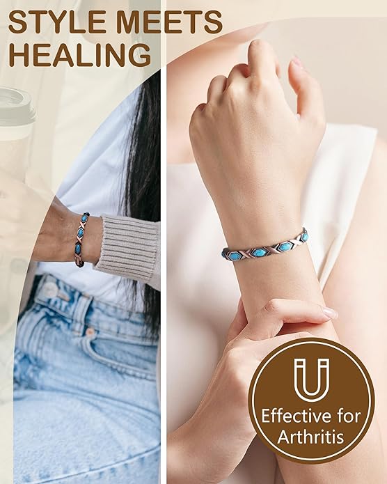 Feraco Pure Copper Bracelets for Women, Ultra Strength Magnetic Bracelet with 3800 Gauss Magnets & Natural Turquoise & Stones, Adjustable, Jewelry Gift