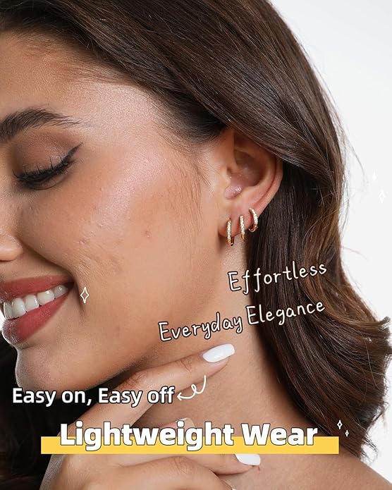 Busy Women's Gold Huggie Earrings Hoops Set — Small Dainty Cubic Zirconia Hoop Earrings 14K Gold Plated, Shower-Safe, Work-Ready, Skin-Friendly, Easy to Stack (3 Pairs)