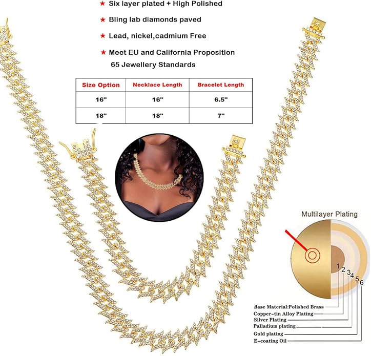 HH BLING EMPIRE 14k Gold/Silver Cuban Link Chain for Women Iced Out Diamond Chunky Cuban Link Necklace Chain Bracelet 2pcs Sets