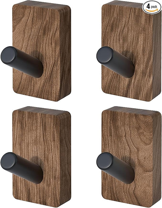 4 PCS Black Walnut Wood Wall Hooks, Adhesive Mounted & Wall Mounted Rustic Decorative Entryway Hooks, Mid Century Modern Natural Wooden Pegs for Hanging Coat Clothes Hat Bag Purse and Towel