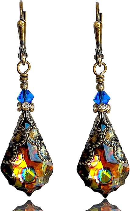 Antique Inspired Vintage Victorian Dangle Drop Earrings for Women - Colored Austrian Crystal Leverback Earrings - Jewelry Gift for Her