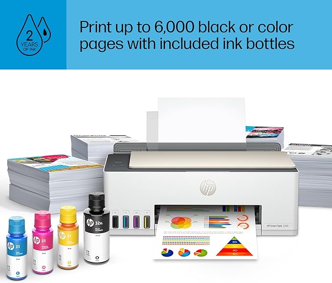 HP Smart Tank 5000 Wireless All-in-One Ink Tank Printer with up to 2 years of ink included, mobile print, scan, copy