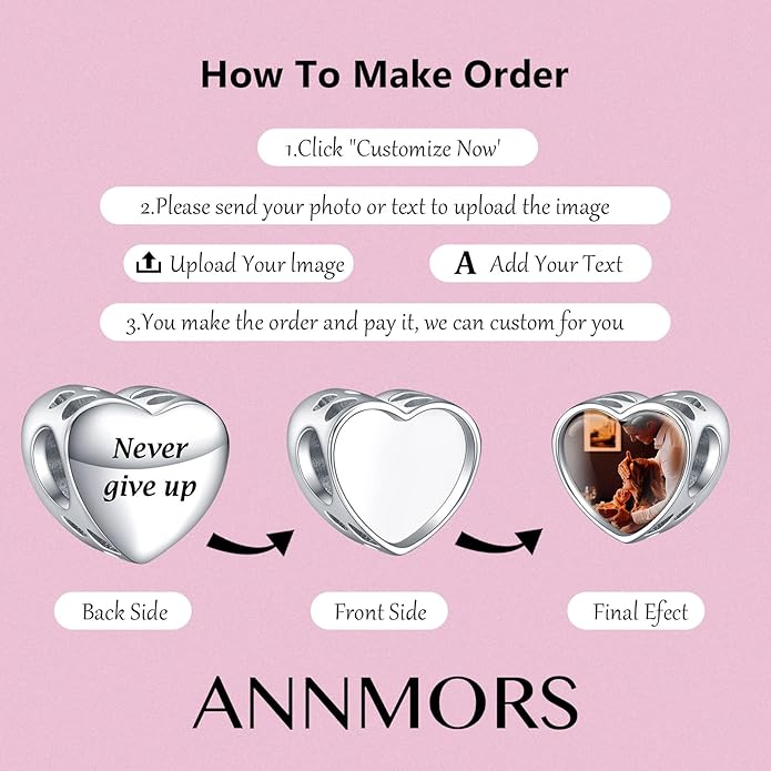 Annmors Personalized Photo Charms For Bracelets/Necklace 925 Sterling Silver Love Heart Shaped Engraved Customize Picture Gift for Birthday Mother's Day,Bead Charms Jewelry for Women