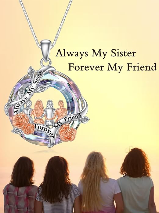 TOUPOP Sisters Gifts from Sister Necklace Sterling Silver Rose Flower with Crystal Jewelry Valentines Day Birthday Gifts for Women Best Friend Friendship