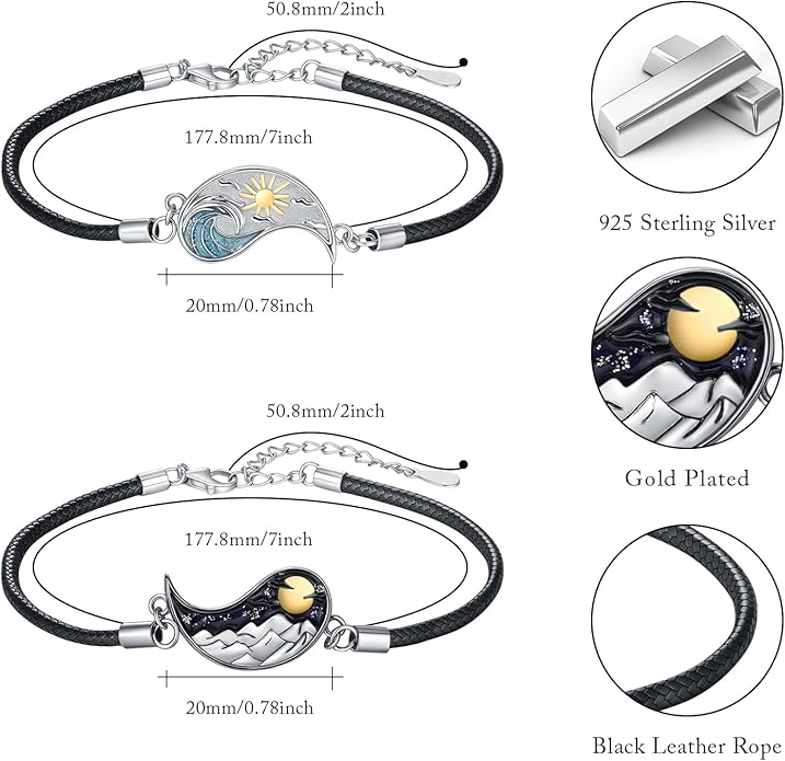 Yin Yang Bracelet 925 Sterling Silver Couple Friendship Bracelets Tree of Life/Sun Moon/Mountain/Lotus Abalone Jewelry for Women Men Couples, Leather Cord 7+2 in