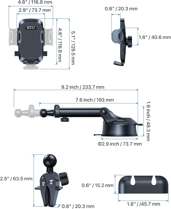 HTU [True Military-Grade] 2025 Upgraded Car Phone Holder 【Safety Certs & No Smell】 Cell Phone Holder for Car Mount for Dashboard Windshield Air Vent Long Arm Thick Case,Black