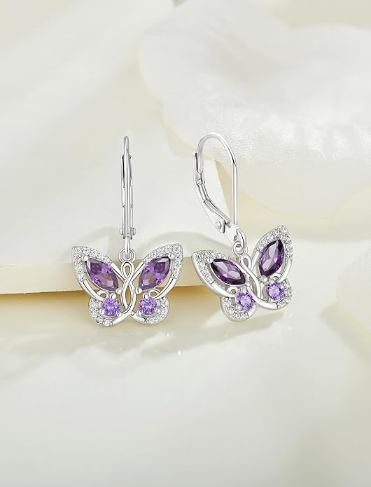 Starchenie Butterfly Earrings for Women 925 Sterling Silver Leverback Earrings Birthstone Butterfly Jewelry Gifts