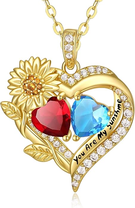 Sunflower Heart Necklace for Women 14K Gold Exquisite Valentines Day Anniversary Birthday Gifts for Wife Mother Her Double Birthstone Pendant Jewelry‘You Are My Sunshine’