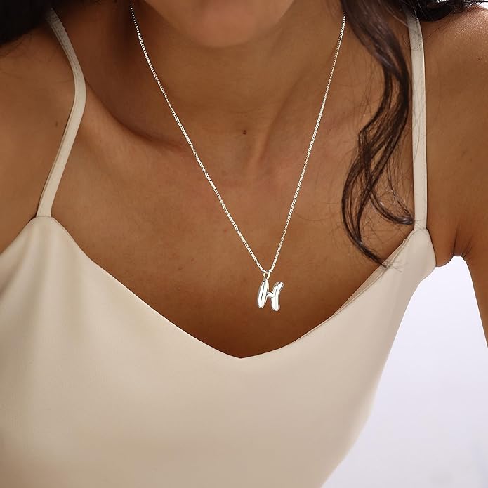 Bubble Gold Silver Letter Necklace Initial Necklaces for Women Trendy 14K Dainty Charm Pendant Name Necklace Personalized Jewelry Gift for Women Teen
