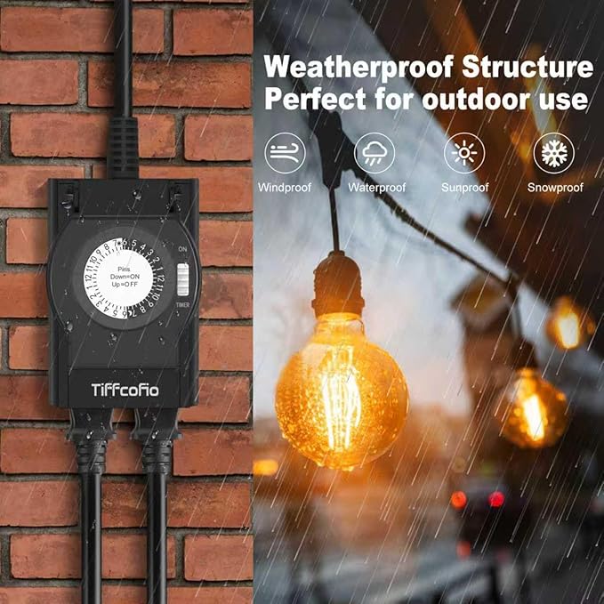 Outdoor Timer Outlet Waterproof, 24 Hour Mechanical Light Timer Outdoor, 2 Grounded Outlets for Home and Garden, 15A 1/2HP, Heavy Duty, ETL Listed (2 Pack)