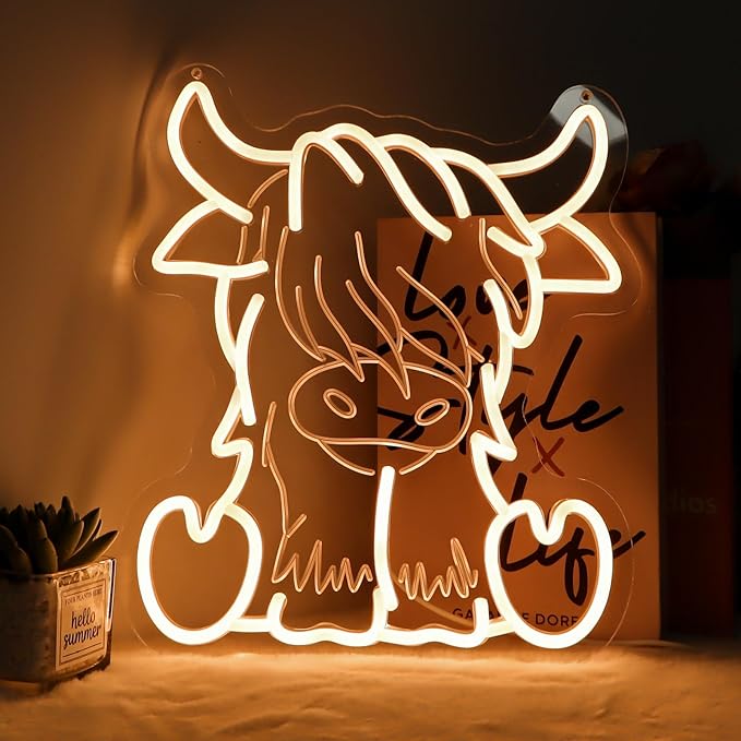 Highland Cow Neon Sign,Warm White Cow Night Light,Farmhouse Decor Sign,Hanging Neon Sign For Kids Room Living Room Birthday highland cow party decorations