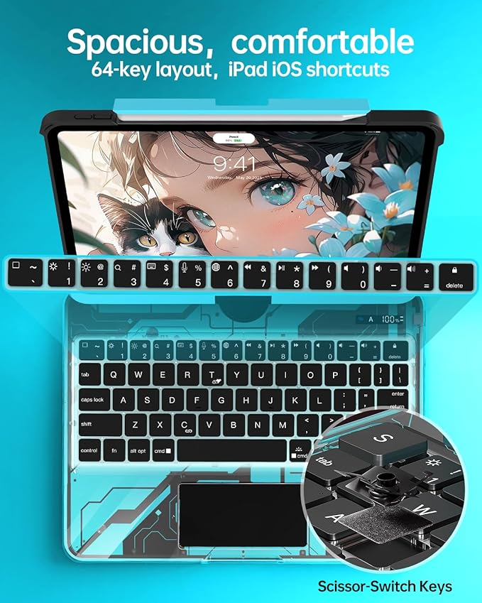Intermerge Clear Keyboard Case for iPad Pro 13" (M4) 2024 Only, 360° Swivel Multi-Touch Trackpad, 7-Color RGB Backlit, Pencil Holder, Type-C, Power Indicator, Aqua Pulse