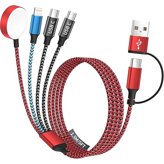 Travel Essentials 4in2 Multi Charging Cable for Apple Watch Charger,USB A/C to Dual Type C/IP/iWatch Charger,Travel Chargers for Multiple Devices Compatible with iWatch Series&iPhone 16-12 5FT