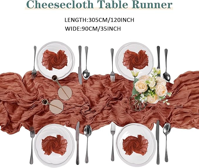 10PCS Terracotta Cheesecloth Table Runner 10ft Boho Gauze Fabric Cheese Cloth Table Runner Comes with 10 Cloth Napkins Runner for Romantic Wedding Birthday Shower Party Table Decoration