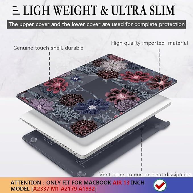 CISSOOK Case for MacBook Air 13 inch M1 Chip A2337 A2179 A1932 2021-2018 Release, Protective Black Shell with Keyboard Skin + Screen Protector for MacBook Air 13-inch with Touch ID, Texture Flowers