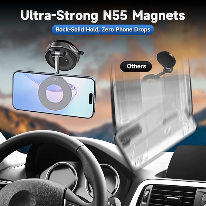 2026 Upgraded Vacuum Magnetic Car Phone Holder 360° Suction Cup Phone Mount for Magsafe Cell Phone Holders, Hands-Free Adjustable Foldable for iPhone 16 Pro Max & All Smartphones Car Gym Mirror