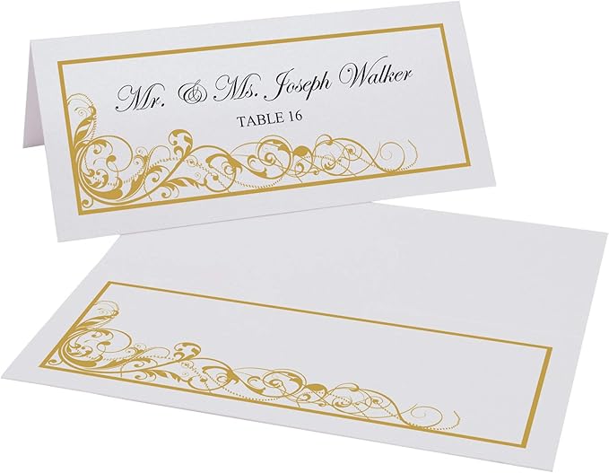 Scribble Vintage Swirl Place Cards, Gold (Choose Color), Set of 25, Pre-cut and Scored - Wedding, Party, Dinner, and Special Events - Made in the USA