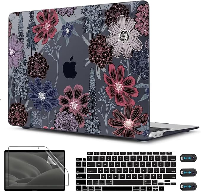 CISSOOK Case for MacBook Air 13 inch M1 Chip A2337 A2179 A1932 2021-2018 Release, Protective Black Shell with Keyboard Skin + Screen Protector for MacBook Air 13-inch with Touch ID, Texture Flowers