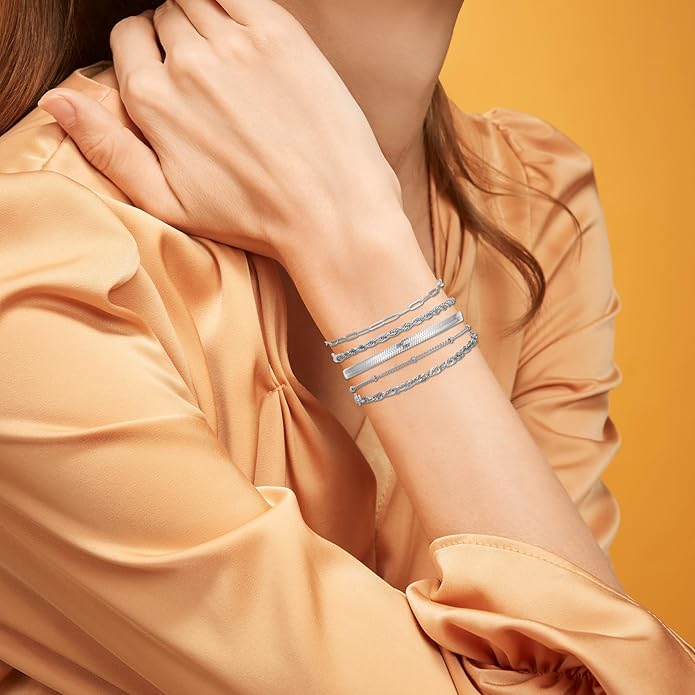 Silver and Gold Bracelets for Women Non Tarnish Waterproof Gold bracelet stack set, Adjustable 6.5"+2" Extender, Layered Bracelets for Women，Exquisite Jewelry Gift