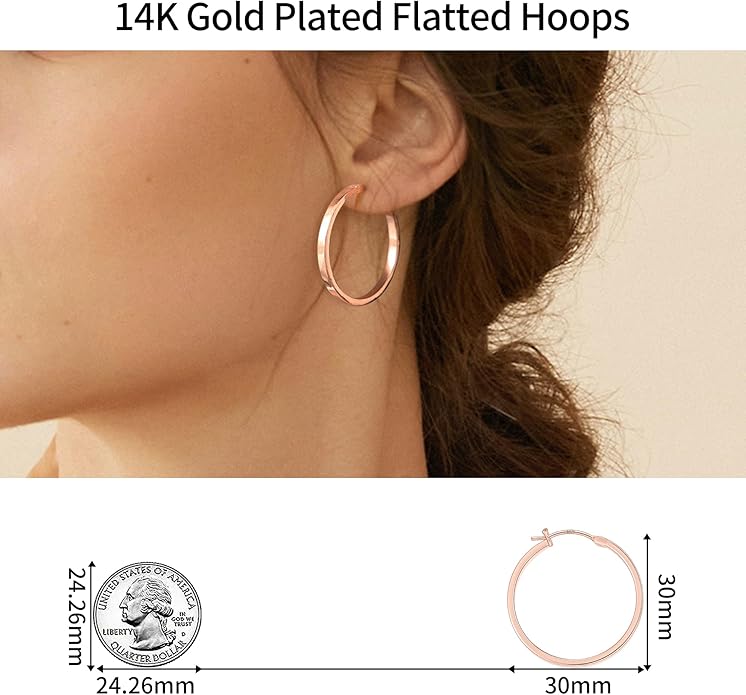 Gacimy Flatted Hoop Earrings for Women 14K Gold Plated with 925 Sterling Silver Post