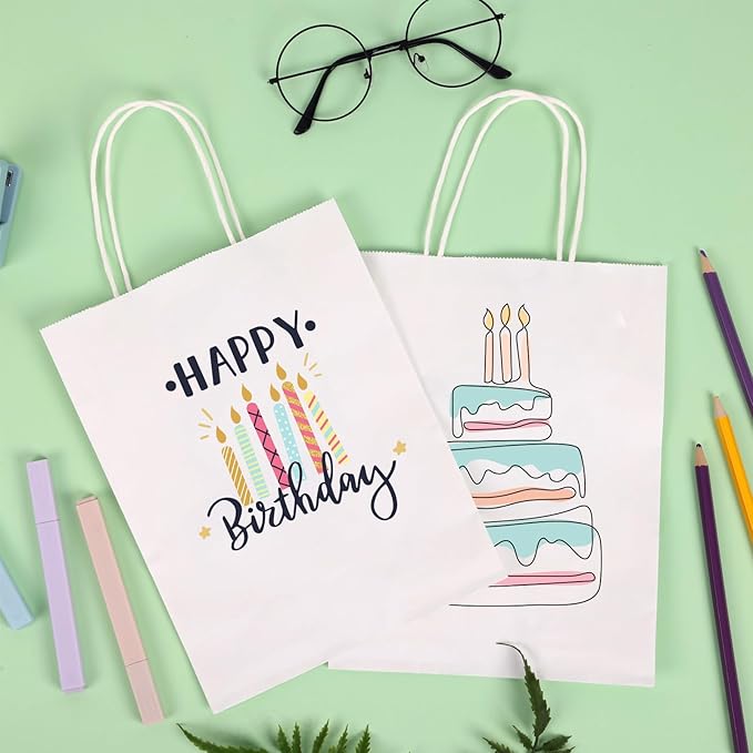 OUTUXED 120pcs Gift Bags - White Kraft Paper Bags with Handles, Medium Size 7.1x3.6x9.3in - Perfect for Parties and Businesses