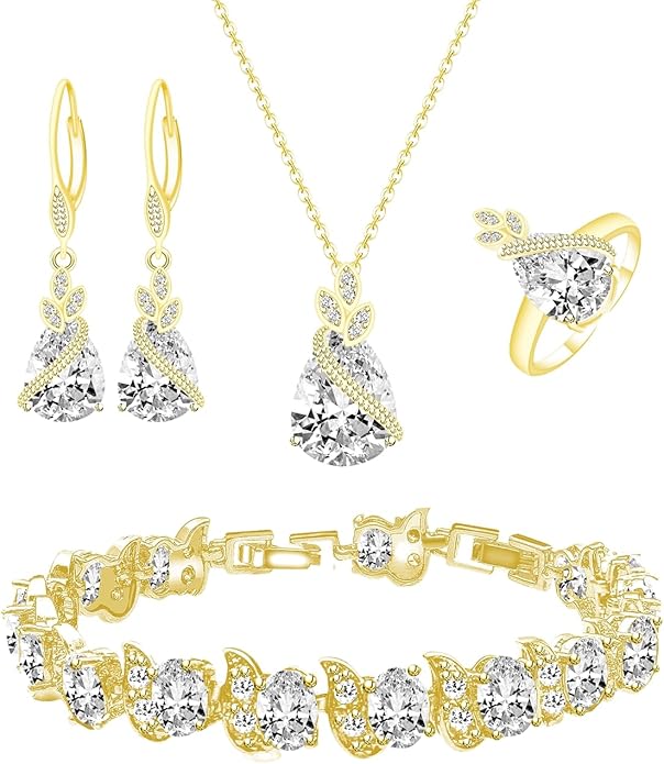 LMXXVJ Jewelry Set for Women,Teardrop Cubic Zirconia Necklace Earrings Adjustable Ring Bracelet Jewelry Set Formal Jewelry Gift