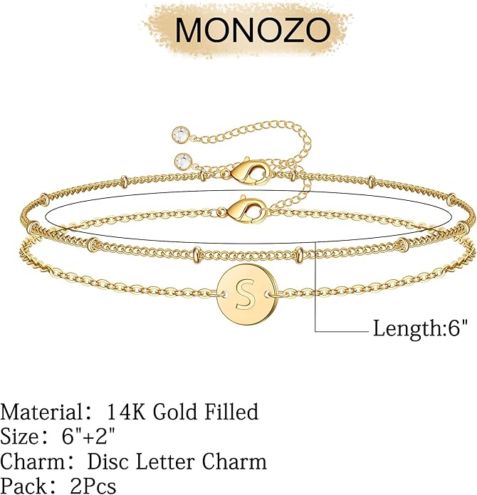 MONOZO Gold Initial Bracelets for Women Girls Valentines Day Gifts - Dainty 14K Gold Plated Layered Beaded Letter Initial Bracelet 26 Alphabet Disc Monogram Charm Bracelet Valentines Day Gifts for Her