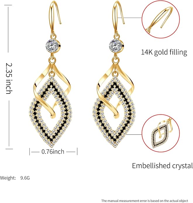 Dangle Earrings for Women, 925 Sterling Silver Handmade Linear Swirl Wire Bohemian Boho 14K Gold Diamonds Earrings Hypoallergenic Fashion Jewelry Gifts for women