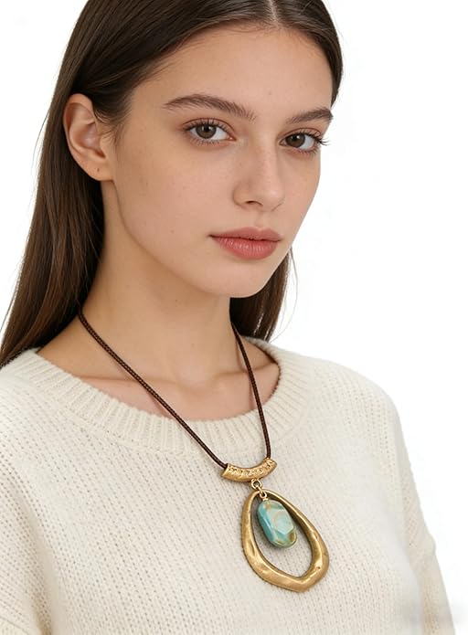 Boho Leather Necklace Women Bohemian Brown Circle Pendant Necklace Choker Long Necklaces for Women Boho Ring Large Pendant