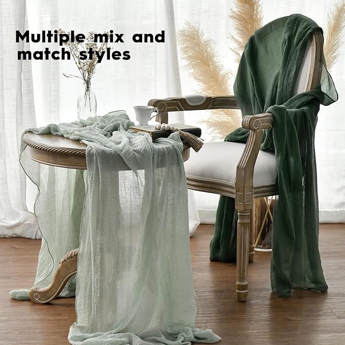 Artoid Mode Boho Cheesecloth Gauze Forest Green Wedding Table Runner, 160 Inch Seasonal Fabric Kitchen Dining Holiday Table Decor for Home Party Indoor
