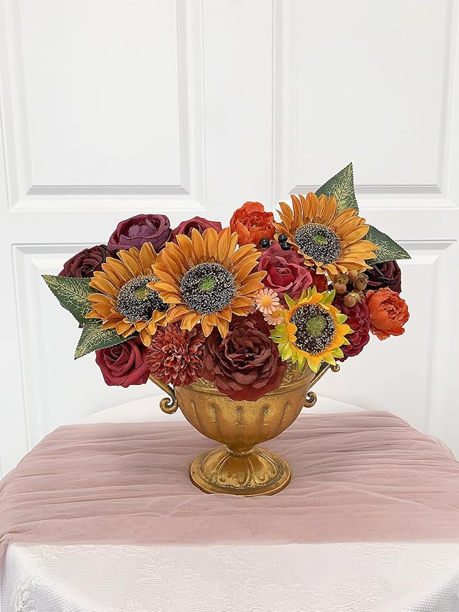 Sunflower Artificial Flowers Burgundy Fake Flower Bulk for DIY Wedding Bouquet Bridal Shower Decorations Party Table Centerpieces Cake Decorating Silk Floral Arrangement for Home Decor Indoor