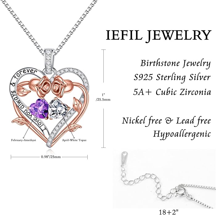 Iefil Valentines Gifts for Her Wife Women - Rose Heart Double Birthstone Necklace Gift for Wife Girlfriend Her Women, Birthstone Jewelry Gemstone Birthday Gifts for Mom Grandma Her