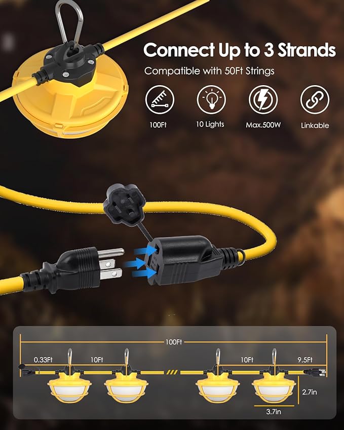 100FT LED Construction String Lights - 3 Prong, 130W 16000LM Plug in Linkable String Work Lights, 5000K Weatherproof Temporary Lighting for Construction Sites, Jobsites, Indoor & Outdoor, UL Listed
