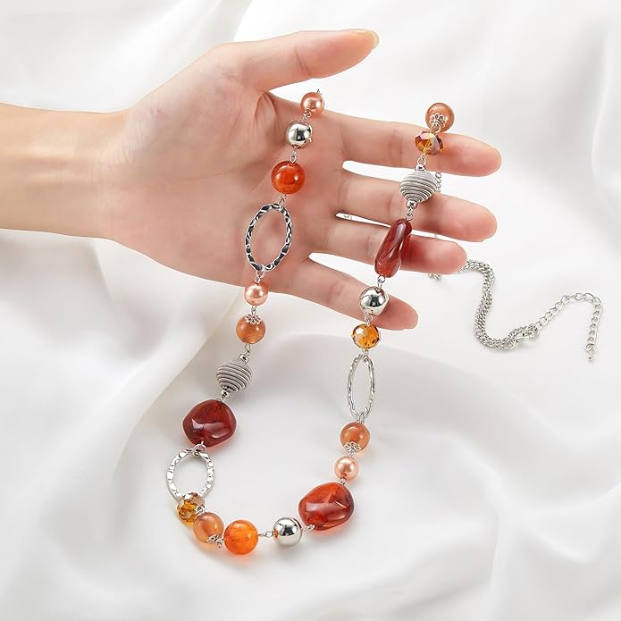BULINLIN Beaded Long Necklace for Women Silver Sweater Chain Necklace with Crystal Resin Beads, Fashion Jewelry Necklace