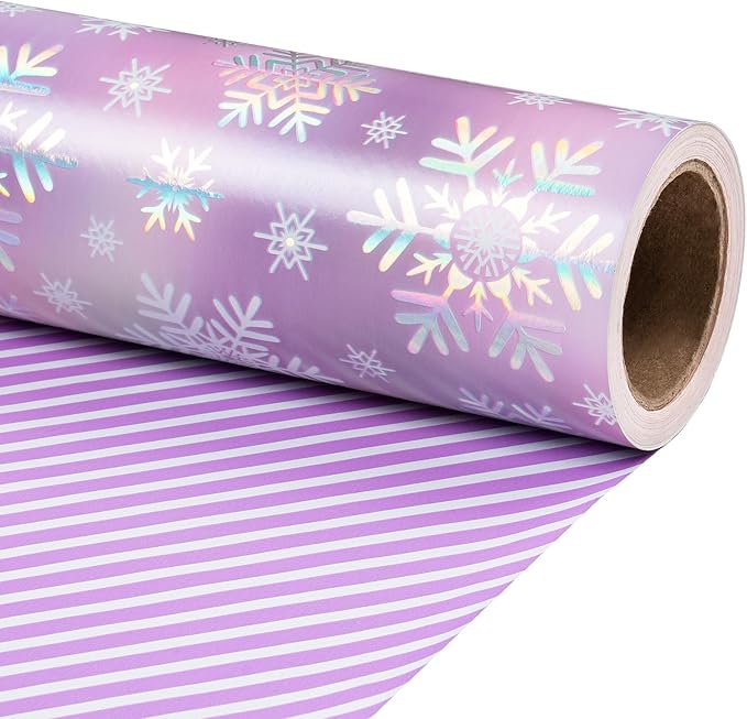 RUSPEPA Christmas Reversible Wrapping Paper Roll for Girls, Mini Roll, Colorful Foil Pastel Snowflake Design and Purple Stripes Dreamy Gift Wrap for Christmas Gifts, Holiday, 17 Inches x 32.8 Feet