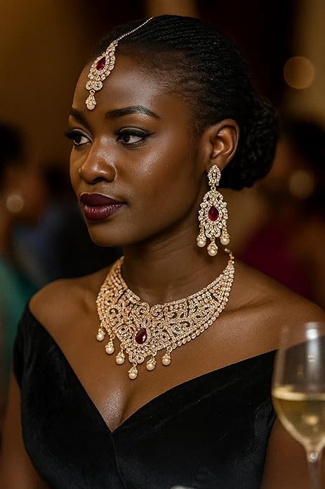 Touchstone Indian jewelry sets for women tikka wedding necklace costume guest statement bollywood rhinestones crystal faux pearls gold big royal neck piece set bridal fashion accessories