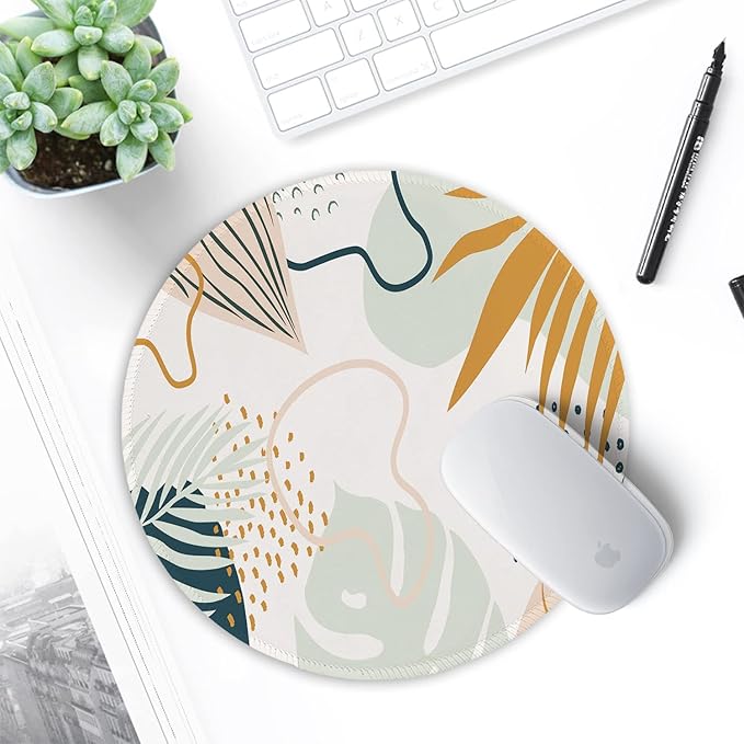 ITNRSIIET Round Mouse Pad with Stitched Edge Premium-Textured Waterproof Non-Slip Rubber Base Desktop Protection Mat Diameter 8.7 inches, Tropical Plants