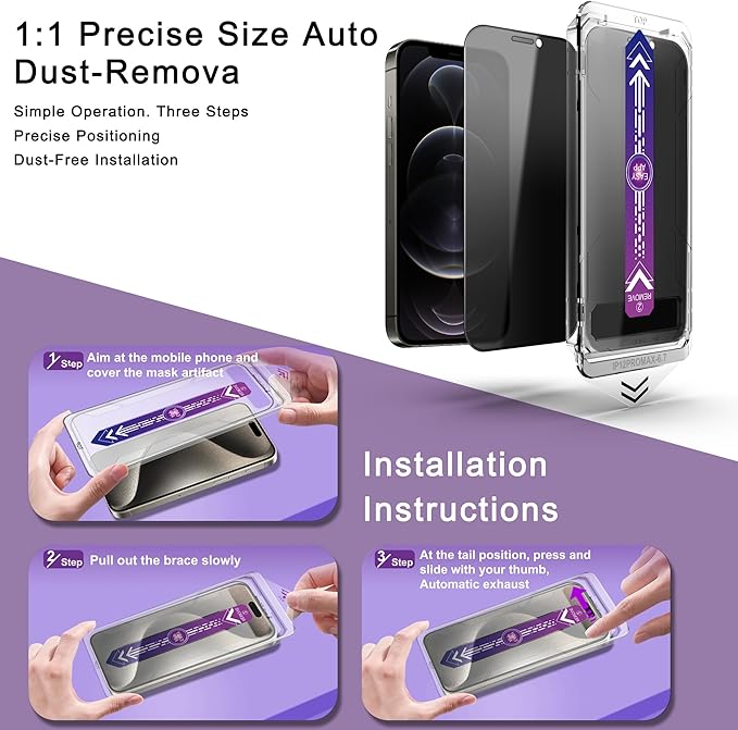 2 Pack Privacy Screen Protector for iPhone 12 Pro Max, 9H Tempered Glass, Full Coverage, Anti-Fingerprint, Auto Dust-Elimination, No Bubble, Easy Installation