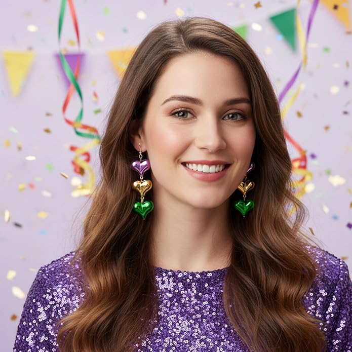 4 Pairs Mardi Gras Earrings Set Carnival Dangle Drop Earrings Purple Green Yellow Round Heart Beaded Party Festival Jewelry for Women