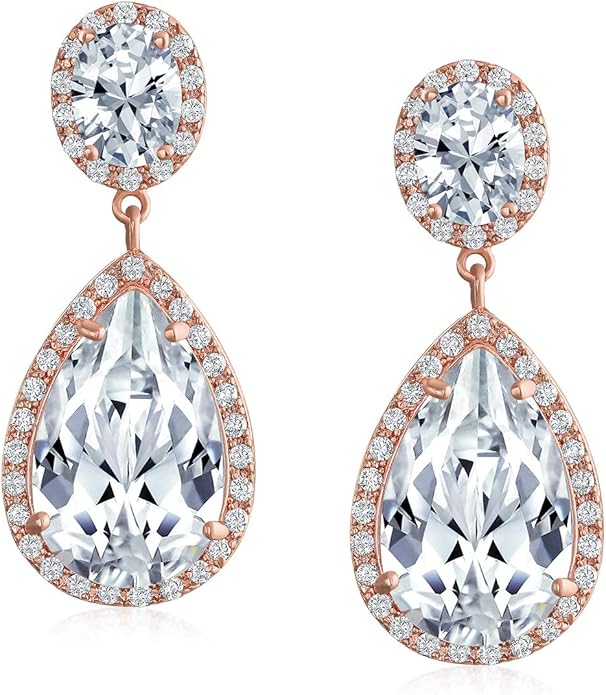 Vintage Style Bridal Cubic Zirconia Simulated Gemstone AAA CZ Halo Dangle Teardrop Chandelier Clip On Earrings For Women Silver Rose Gold Plated in Black Purple Blue Red Rose Pink Green Clear