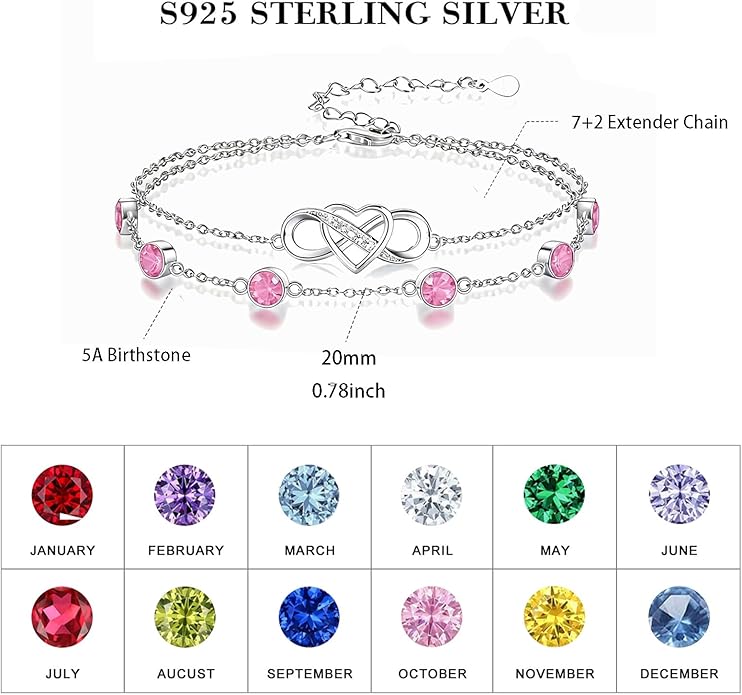 Prismata Infinity Birthstone Charm Link Bracelet 925 Sterling Silver Adjustable 12 Months Birthstone Infinity Bracelet Birthday Jewelry Gifts for Women Mom Her,with 7"+2" chain